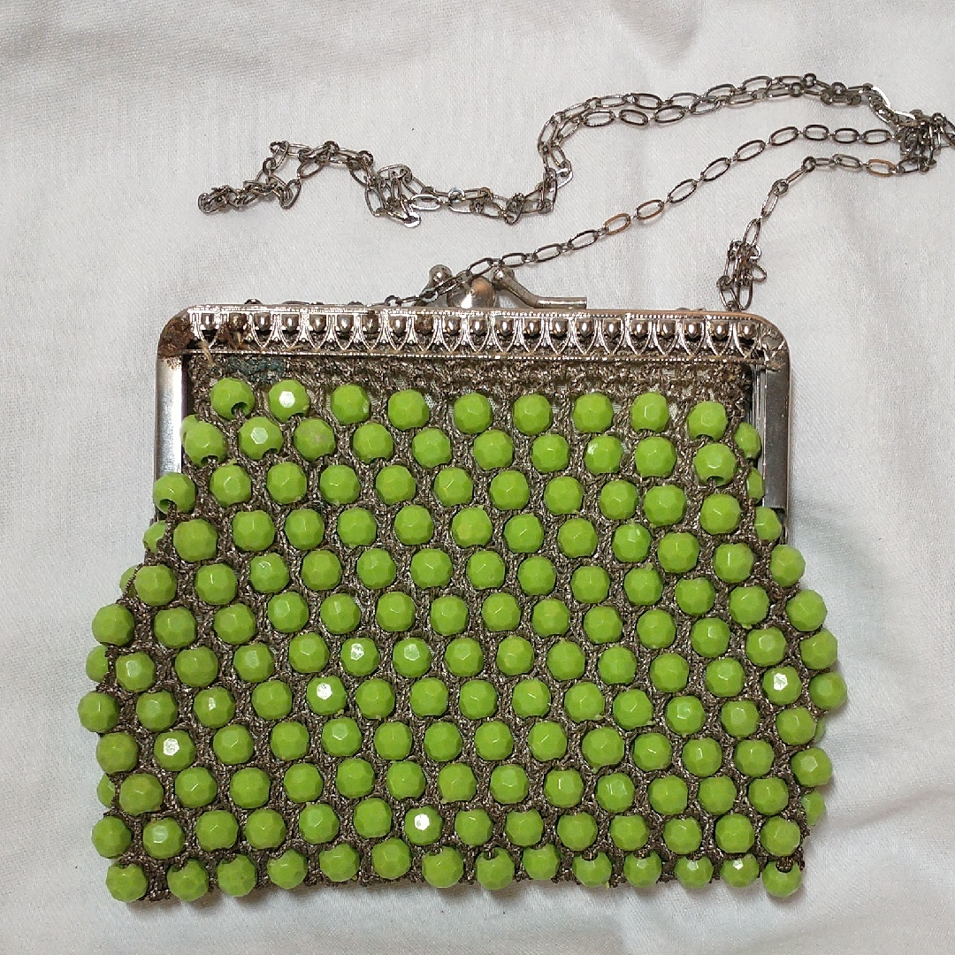 40s 50s Vintage Lime Green Beaded Purse Faceted Plastic Silver Intricate Frame